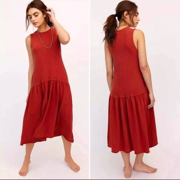 Free People Beach Burnt Orange Boho Dropped Waist Relaxed Fit Midi Dress XS/S - Picture 1 of 15
